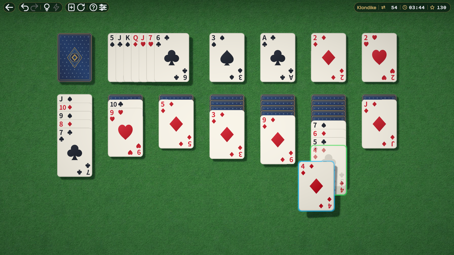 Moving a card during a Klondike solitaire game.