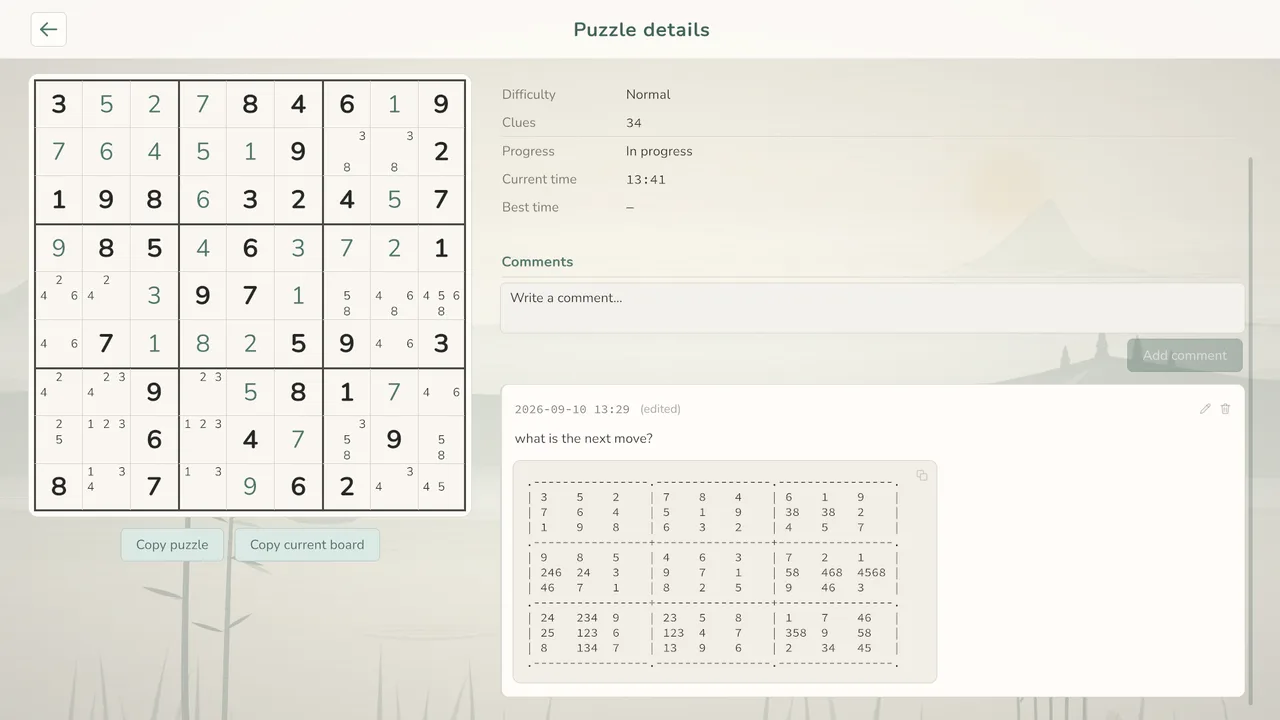 Puzzle details with a Sudoku preview and written solving notes.