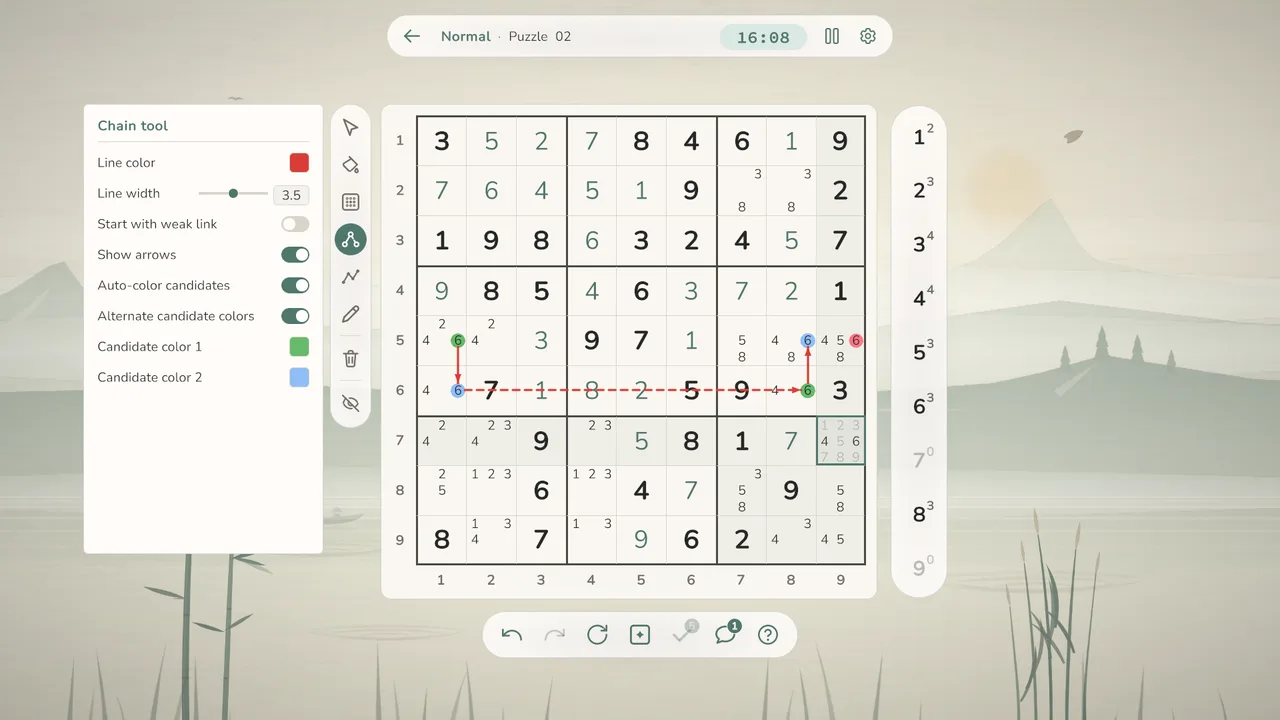 Colored candidates and connecting lines drawn directly on a Sudoku board.