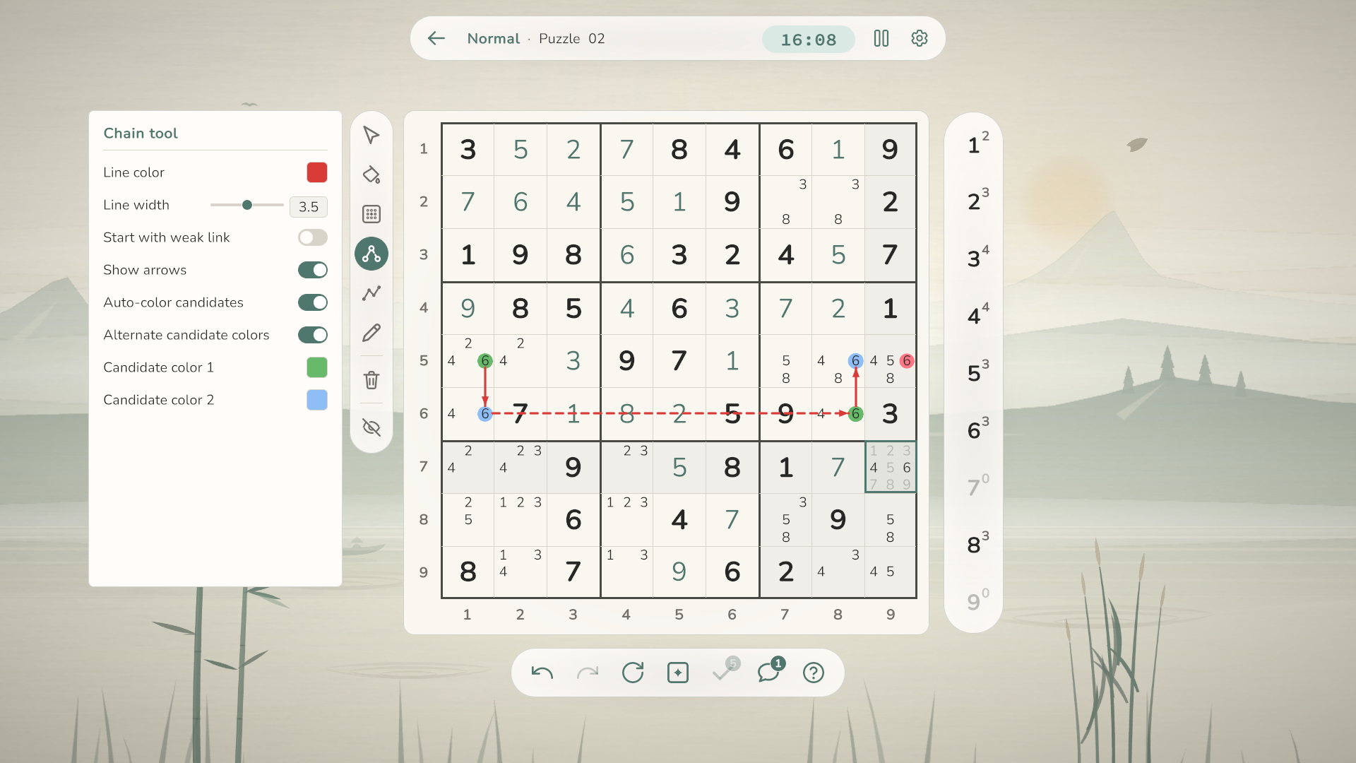 Colored candidates and connecting lines drawn directly on a Sudoku board.