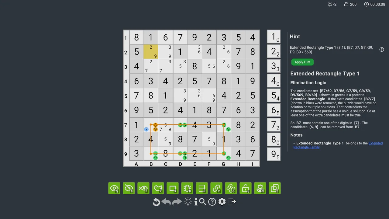 An extended rectangle hint with highlighted candidates.