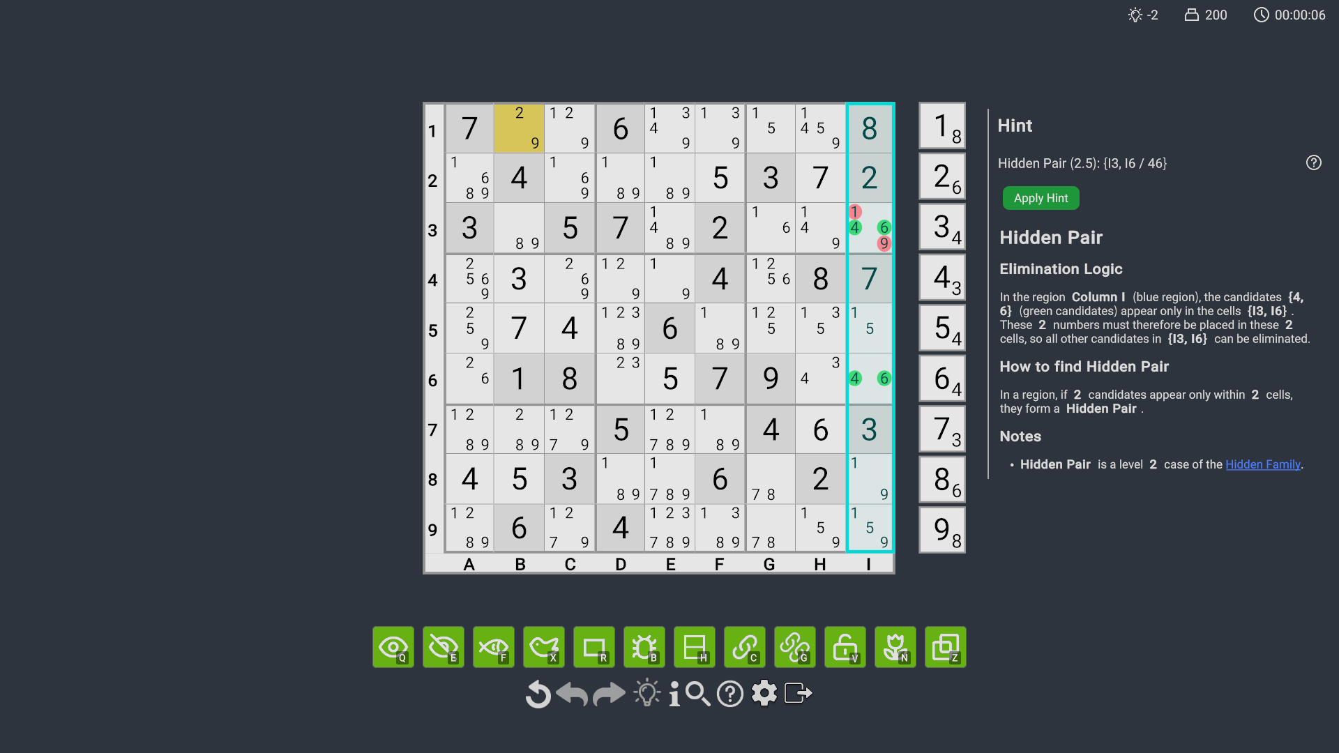 A visual hint explaining a hidden pair on the Sudoku board.