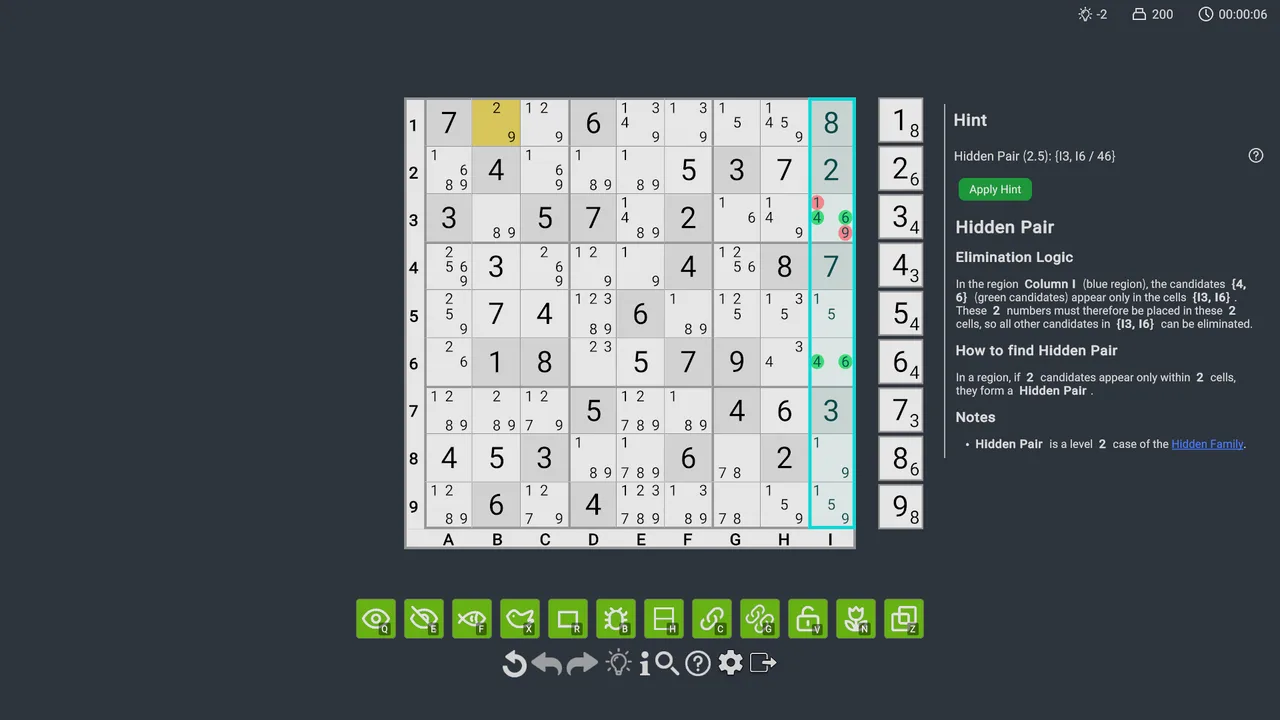 A visual hint explaining a hidden pair on the Sudoku board.