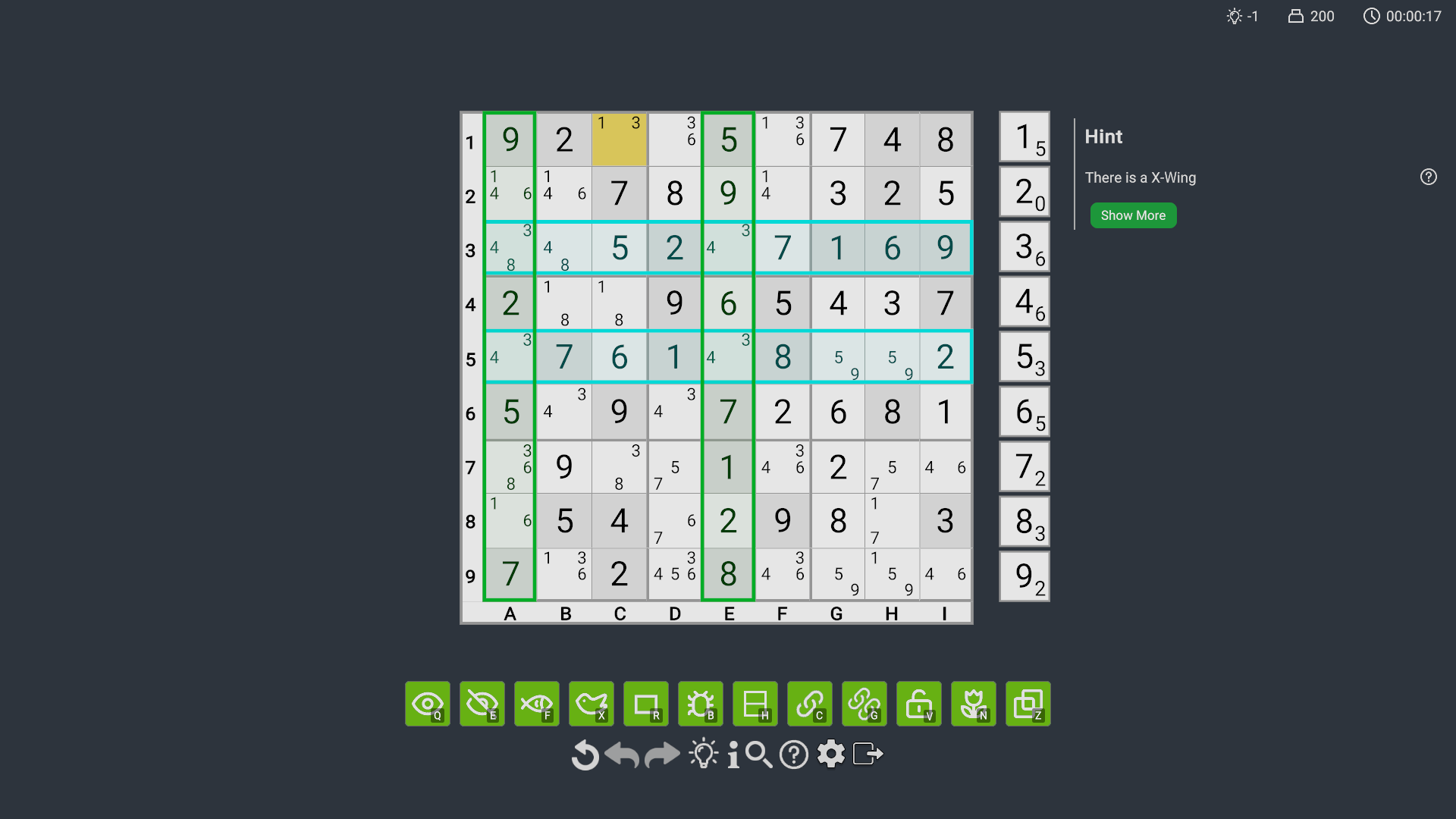 An X-Wing hint beside the Sudoku board.