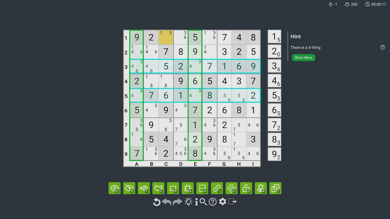 An X-Wing hint beside the Sudoku board.