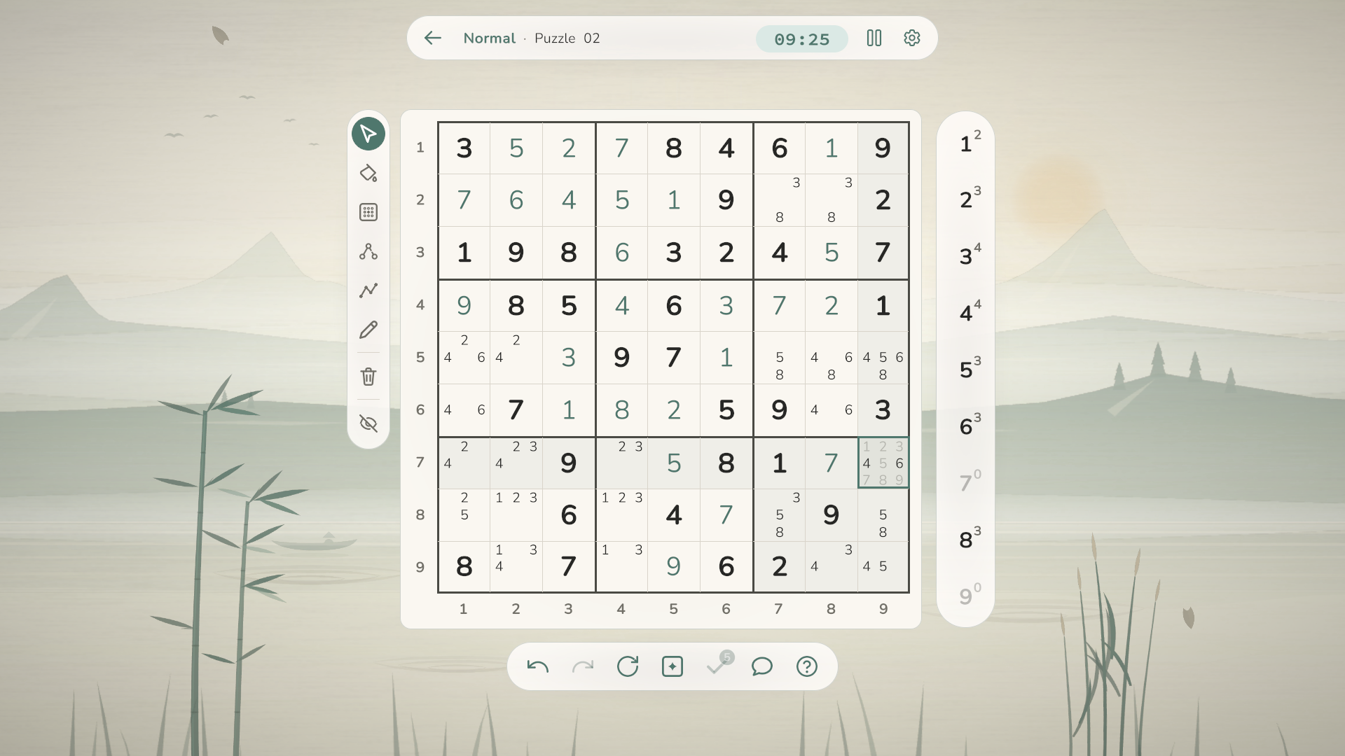 A Sudoku puzzle in progress with pencil marks and selected cells.