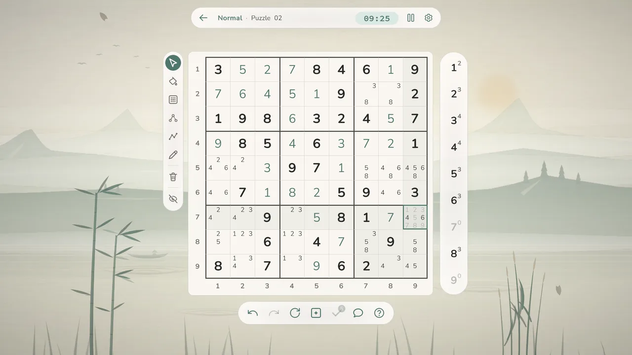 A Sudoku puzzle in progress with pencil marks and selected cells.