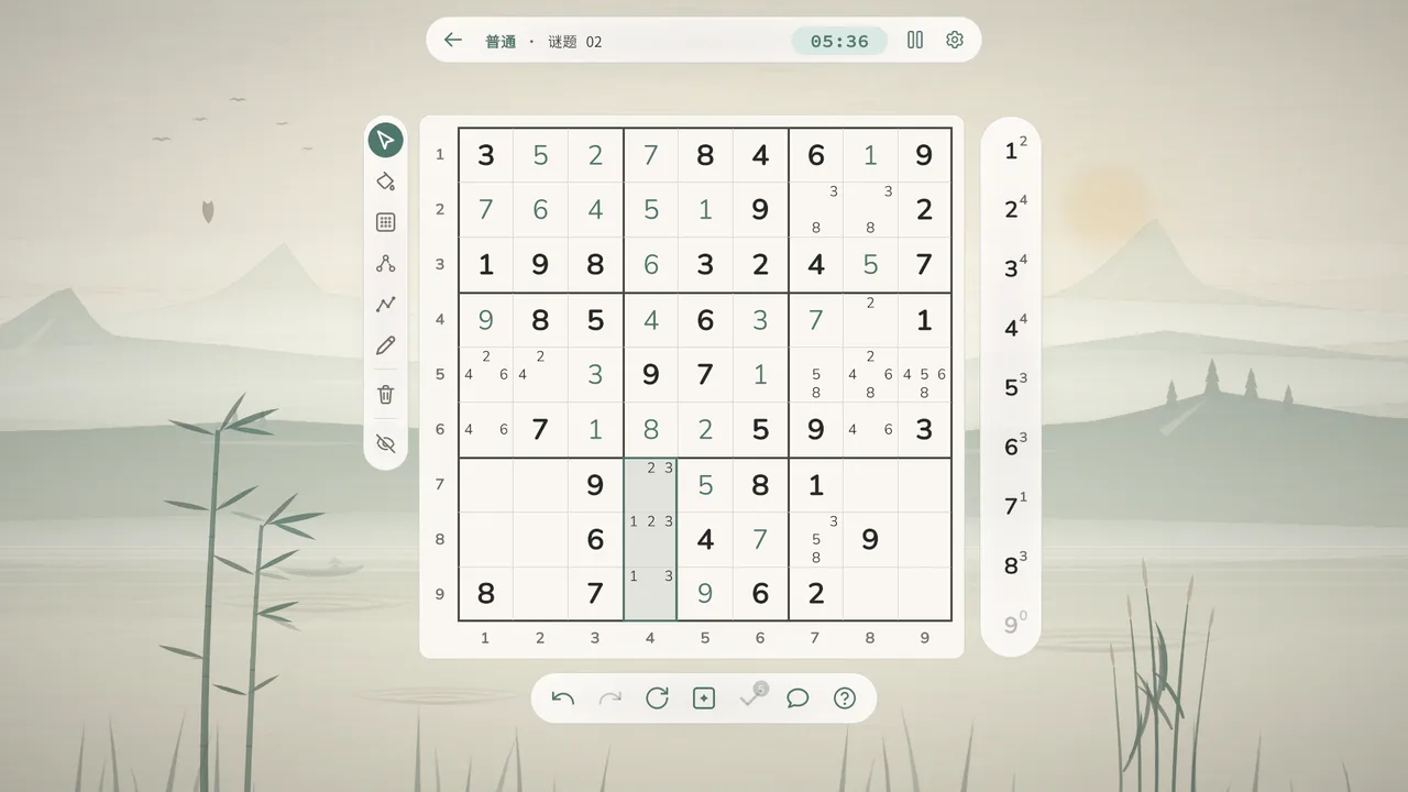 数独棋盘中的多格选择操作。