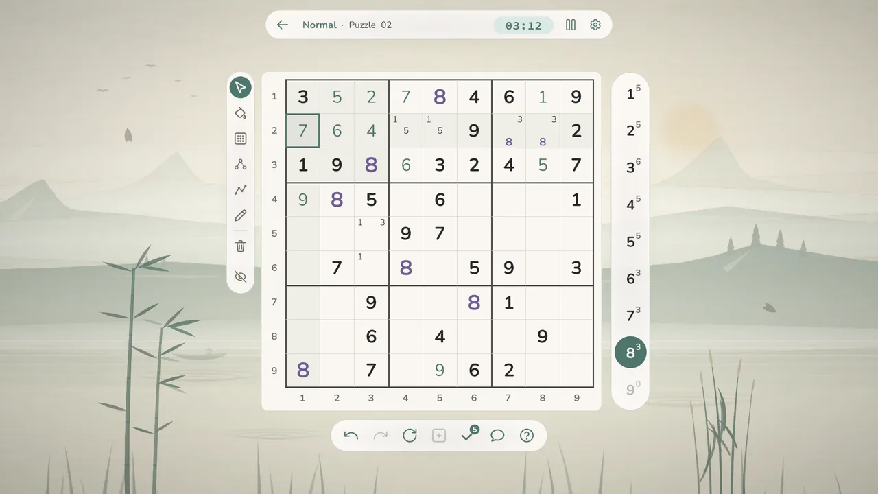 A Sudoku puzzle against a soft mountain and lake landscape.
