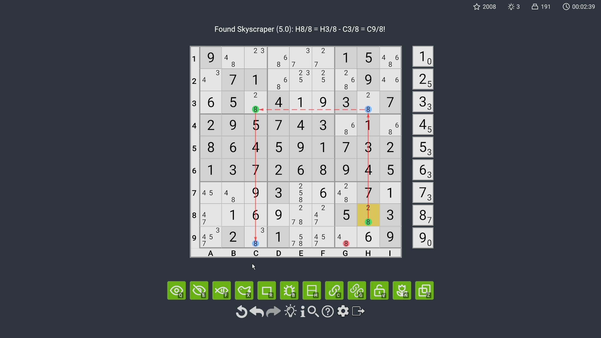 A Skyscraper pattern highlighted on the Sudoku board.