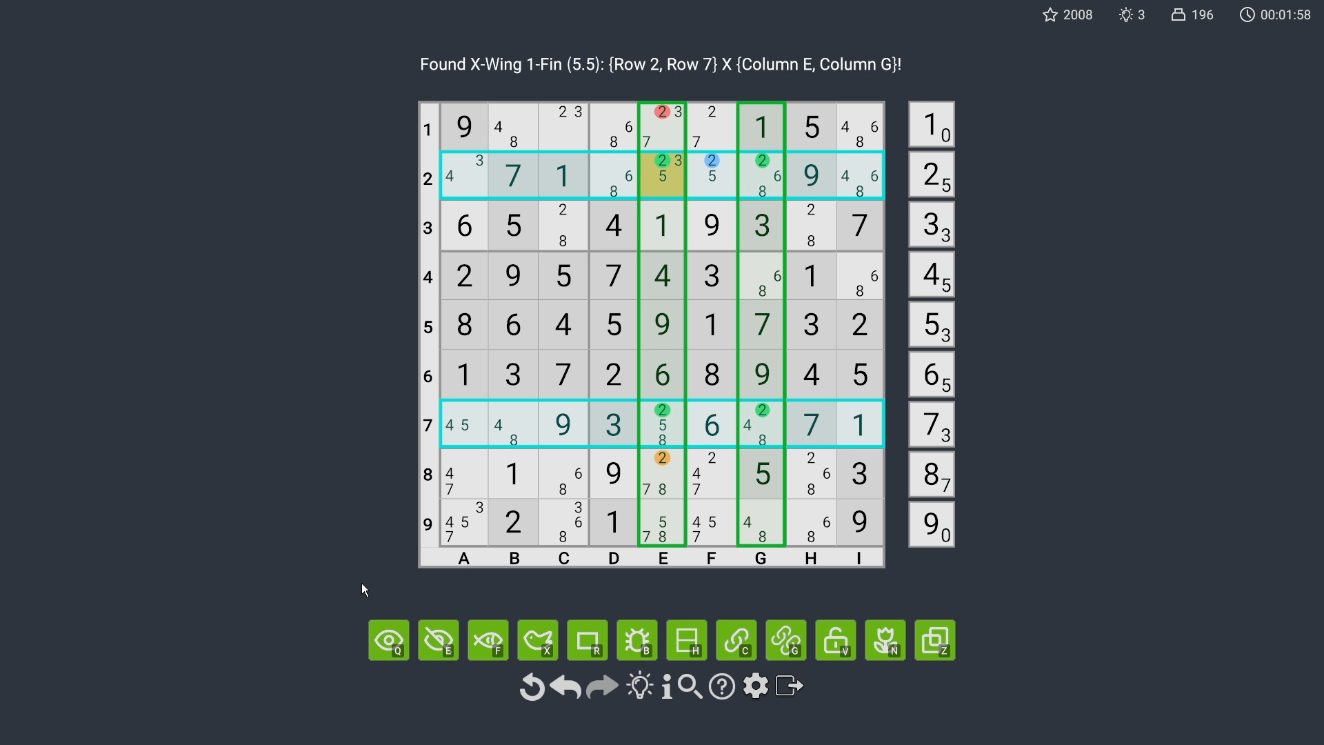 A Sudoku board with an X-Wing pattern highlighted.