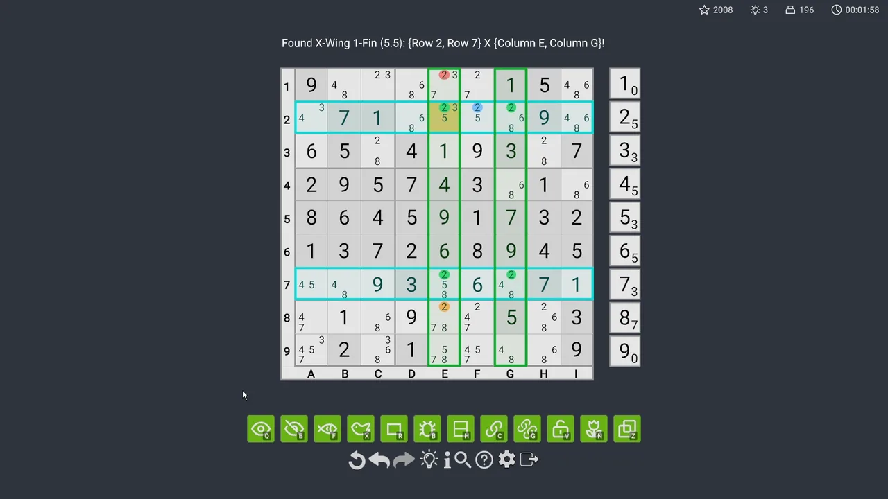 A Sudoku board with an X-Wing pattern highlighted.