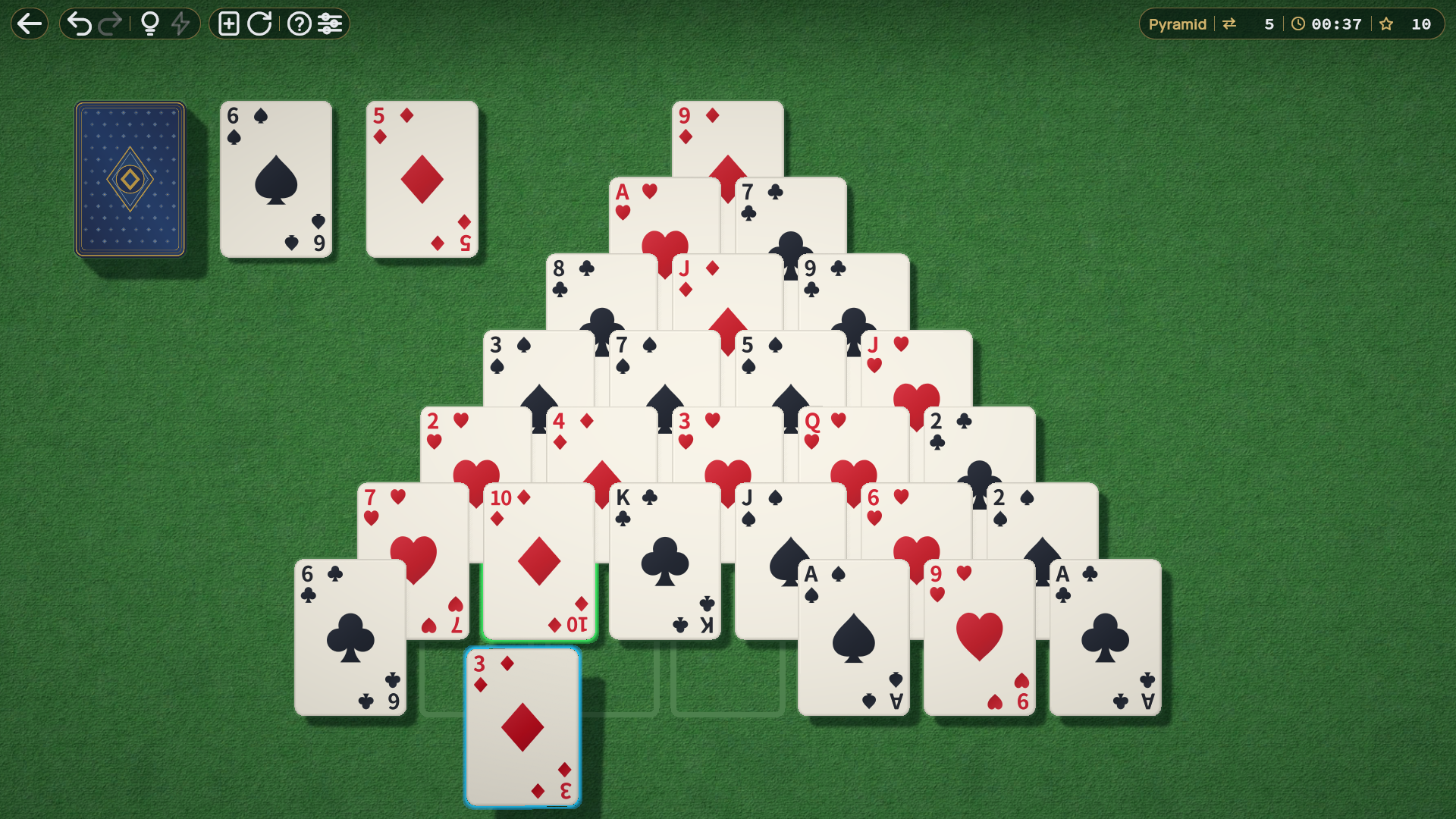 Pyramid solitaire with overlapping rows of cards.